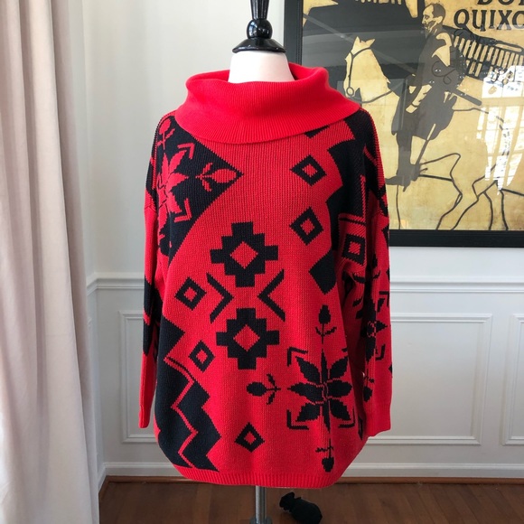 Vintage Sweaters - 3/$21 Vtg 80s Geometric Sweater Red Black Cowl OS